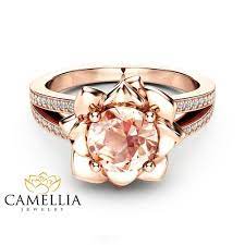 Morganite Flower Engagement Ring 14k Rose Gold Flower Engagement Ring Peach Pink Morganite Diamond Ring Camellia Jewelry Morganite Diamond Ring Rose Engagement Ring Vintage Engagement Rings