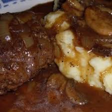 Cracker barrel maple jam n' bacon burger. Hamburger Steaks With Onion Gravy Recipe Yummly Recipe Hamburger Steak Hamburger Steak Recipes Hamburger Meat Recipes Ground