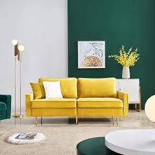 A leather couch and loveseat bring a classic tailored look to the living room above. Amazon Com Yellow Velvet Fabric Sofa Couch Julyfox 71 Inch Wide Mid Century Modern Living Room Couch 700lb Heavy Duty Kitchen Dining