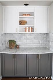 I'm glad we used the metal i just finished timing and am now choosing a grout color. Gray And White And Marble Kitchen Reveal Maison De Pax Kitchen Design Kitchen Cabinet Design White Marble Kitchen