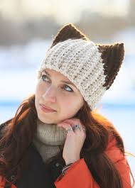Crochet White Hat With Brown Ears Siamese Cat