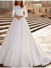 Dann ist ein trägerloser bh , ein bustier oder ein torselett sehr gut geeignet, um es zu tragen. A Linie Hochzeitskleider Schmuck Watteau Satin Langarm Formal Jahrgang Mit Perlenstickerei Applikationen 2021 8208639 2021 247 93
