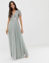 Maya Bridesmaid V Neck Maxi Tulle Dress With Tonal Delicate Sequins In Green Lily Asos Ad Asos Bridesmaid Dress Bridesmaid Dresses Boho Maxi Dress Green