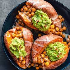 Vegan S Recipe On Instagram Baked Sweet Potatoes Loaded With Tandoori Spiced Chickpeas And Guacamol Easy Guacamole Spiced Chickpeas Loaded Sweet Potato