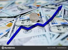 blue arrow chart on the background of hundred dollar bills