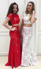 2018 Two Piece Lace Long Prom Dress Two Piece Red Lace Mermaid Long Prom Dress White Lace Prom Dresses With Sleeves Cap Sleeve Prom Dress Red Lace Prom Dress
