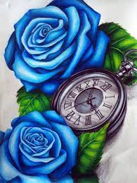 Rose And Clock By Twistedxdesign On Deviantart Blue Flower Tattoos Blue Rose Tattoos Pocket Watch Tattoo Design