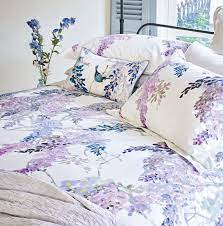 Sanderson Wisteria Falls Head Of Bed With The Sanderson Amethyst Manderley Matelasse Throw And And Printed Luxury Duvet Covers Lilac Bedding Beach Bedding Sets