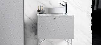 A Superfront Bathroom Vanity Unit In Ashton Grey And Fronts With Harlequin Pattern Alape Sink In White Enamel And Angles Legs In White
