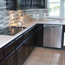 Beauteous L Shape Kitchen Espresso Cabinets Featuring White Quartz Countertops And Built In Stoves Espresso Cabinets Espresso Kitchen Espresso Kitchen Cabinets