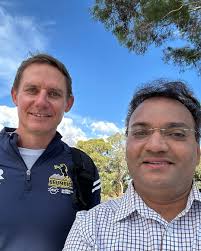 Great to catch up with two Brumbies legends—former player and current coach  Stephen Larkham and former coach Laurie Fisher, while campaigning alongside Peter  Cain MLA and Hayune Lee at GIO Stadium ahead