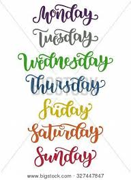 Name sunday, monday, tuesday, wednesday, thursday, friday, saturday description days of the week; Lettering Days Of Week Sunday Monday Tuesday Wednesday Thursday Friday Saturday Modern Colorful Calligraphy Isolated On White Illustration Brush Ink Handlettering For Schedule Poster Id 327447847