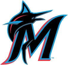 Miami Marlins Alternate Logo 2019 Pres Marlin In Blue Red And Black Leaping In Front Of A Black M Miami Marlins Marlins Mlb Team Logos