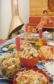 The unreal colors produced by the era's photographic and printing technologies do nothing to help the repellent appearance of mystery meats and bizarre assemblages in aspic. She Waited Like This For Hours Before She Realized No One Would Be Showing 70s Dinner Party Retro Recipes Food