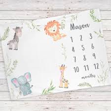 Floral baby monthly baby milestone blankets. Monthly Milestone Baby Blanket Personalized Safari Animals Bb129 Stork Wares