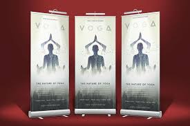 3 Stand Roll Up Banner Mockup Rollup Banner Mockup Yoga Free Logo Mockup Mockup Free Psd Logo Design Mockup