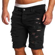 Black And White Striped Shorts Mens Click To Buy Fashion Ripped Hole Denim Shorts Men Black White Slim Skinny Straight Casual Jeans Sho Mens Denim Shorts Black Ripped Jeans Ripped Jeans Men