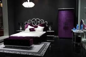 A purple table lamp and bedding are nice accents for this dramatic bedroom, and blooms match, too. Purple Bed Modern Beds Los Angeles By Sister Furniture Purple Bedrooms Luxury Bedding Silver Bedroom Decor
