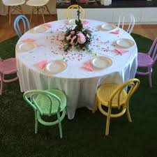 Round Table And Kids Bentwood Chairs For Hire Mini Party People Melb Syd Alice In Wonderland Party Wonderland Party Alice In Wonderland