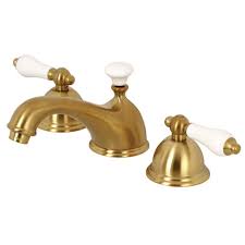 Kingston Brass Restoration Porcelain Lever 8 In Widespread 2 Handle Bathroom Faucet In Brushed Brass In 2020 Kingston Brass Widespread Bathroom Faucet Lavatory Faucet