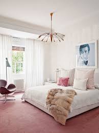 A Blush Mid Century Modern Inspired Bedroom It S A Bedroom For A Single Modern Woman With Touches Of Fur And Blu Feminine Bedroom Pink Bedrooms Home Bedroom