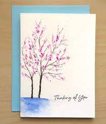 Create a simple hand drawn card using banners and illustrations to decorate the text. Hand Painted Card Thinking Of You Card Watercolor Cards Handmade Card 5x7 Card Hand Painted Card Watercolor Cards Diy Watercolor Cards