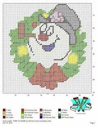 A plastic canvas 7 mesh colored graph, color key code, material list, instructions, and an example of the type of stitches used in the pattern. Frosty Wreath Christmas Cross Stitch Plastic Canvas Patterns Cross Stitch Patterns Christmas