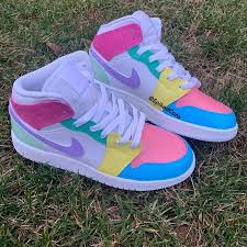 Custom Pastry Jordan 1s Pink Purple Blue Green Yellowcheck Sizing Before Ordering In 2020 Jordan Shoes Girls Hype Shoes Cute Sneakers