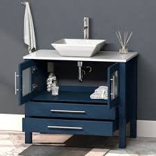 Bath vanity in white with tempered glass vanity top in green with white vessel sink 36 Wide Bathroom Vanity Set With White Porcelain Countertop With Rectangular Tapered Porcelain Vessel Sink Faucet And Matching Vanity Mirror By Cambridge Plumbing Kitchensource Com