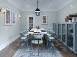 If you want to bring the beauty of nature into your home, you can use it as a motif for your interior design. Fashionable Dining Room Design With Dining Table And Chairs For Eight Dining Room Interior In Mint Colors 3d Rendering Stock Photo Picture And Royalty Free Image Image 150358879