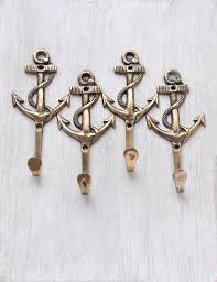 4 Vintage Brass Anchor Wall Hooks 5 Wall Mounted Coat Handbag Towel Keys Leash Hangers Nautical Beach Cottage Decor Vintage Brass Anchor Wall Hooks