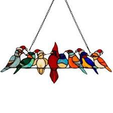 Birds On A Wire Stained Glass Pattern River Of Goods Multi Colored Santa Birds On A Wire Stained Glass Window Panel 18013 In 2020 Stained Glass Window Panel Hanging Stained Glass Stained Glass Birds