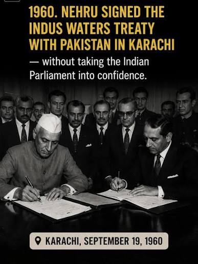 1960. Nehru signed the Indus Waters Treaty with Pakistan in Karachi —  without taking the Indian Parliament into confidence. Parliament was still  in session. The treaty that decided control over our Himalayan