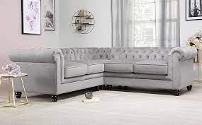 Chesterfield corner sofa unit cushioned 2 seater + corner + 2 seater old english black leather. Hampton Grey Velvet Chesterfield Corner Sofa Furniture And Choice
