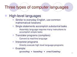 It is somewhat similar to mainframe computers and is used in economic but unlike the digital computer that changes all inputs to binary digits of 1 and 0, the analog computer does not change inputted data to any such sign language. Ppt Three Types Of Computer Languages Powerpoint Presentation Free Download Id 390823