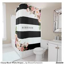 Black And White Shower Curtain Classy Black White Stripes Vintage Floral Monogram Shower Curtain Zazzle Com Shower Curtain Monogram Black Shower Curtains Floral Shower Curtains