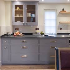 A Bespoke In Frame Kitchen With Grey Cabinetry Chrome Cup Handles And African Honed Black Granit Grey Painted Kitchen Grey Kitchen Colors Kitchen Design Small