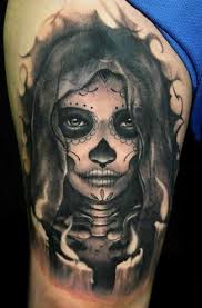 Black And White Sugar Skull Thigh Tattoo Large Mexican Traditional Style Black Adn White Thigh Tattoo Of Mystical Woman Portrait Sugar Skull Tattoos Unique Tattoo Designs Tattoos
