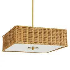 Arteriors Vero Coastal Beach Square Gold Antique Brass White Acrylic Natural Handwoven Rattan Pendant Wicker Decor Clear Dining Chairs Wicker