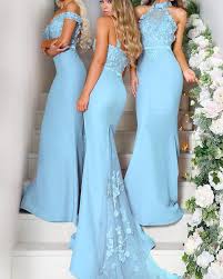 The sheer top provides coverage and style. Light Blue Bridesmaid Dresses Long Mermaid Gowns Lace Embroidery Alinanova