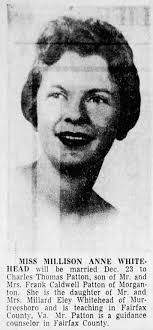 Marriage announcement for Millison Anne Whitehead and Charles Thomas Patton 