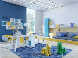 It also has a wooden dining table set with red chairs, lighted by a fancy ceiling light. 37 Joyful Kids Room Design Ideas With Blue Yellow Tones