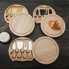 4pcs /Set Round Oak Box Cheese Knife Spatula Stainless Steel Cheese Tools  Cutlery, Color: Steel Color