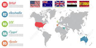 Mapa satelital de reino unido: Infografia Del Mapa Mundial Presentacion De Diapositivas Estados Unidos Australia Reino Unido Egipto Espana Concepto De Marketing Empresarial Paises De Color Con Banderas Ilustraciones Vectoriales Clip Art Vectorizado Libre De Derechos Image