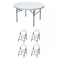 Plastic Development Group 4 Foot Round Fold In Half Folding Banquet Table And 4 Pack Of Outdoor Plastic Folding Party Chair White In 2020 Party Chairs Banquet Tables Round Folding Table