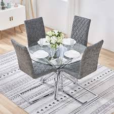 Chairs rectangle round oval square octagon 0 1 2 3 4 5 6 7 8 10 12 aluminum bamboo brass faux wood foam glass marble metal plastic rattan steel wicker wood. Tonvision 4 Charcoal Chairs And Clear Glass Dining Table Set Safety Circular Top With 3 Geometric Chrome Legs Dining Room Sets