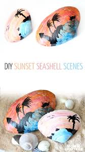 Glue shells and starfish to bamboo skewers, and then stick them in the sand so they stand up tall. Painted Seashell Craft Sunset Scenes Moms And Crafters