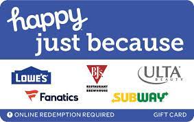 Lowe's gift cards are available online in amounts of $30, $50, $75, $100, and $250. Buy A Happy Card Today Happy Cards