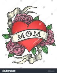 Heart With Rose Flowers And Ribbon With Wording Mom Retro Tattoo Vector Illustration Dibujos De Corazones Tatuajes Retro Corazones Rosados