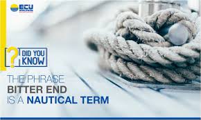 The inboard end of an anchor chain or cable, secured in the chain locker of a vessel. Ecu Worldwide On Twitter The Bitt End Refers To The Final Part Of The Anchor Rope Near To Where Rope Is Fixed To Ship S Deck Usually Open Marked With Colored Rags Bitter